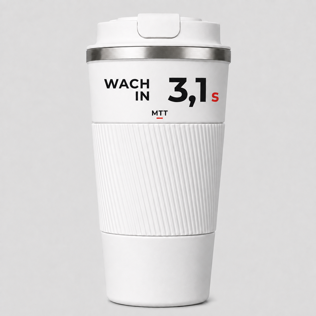 Thermobecher Weiß mit Motiv Wach in … Sekunden auf dem glatten Band