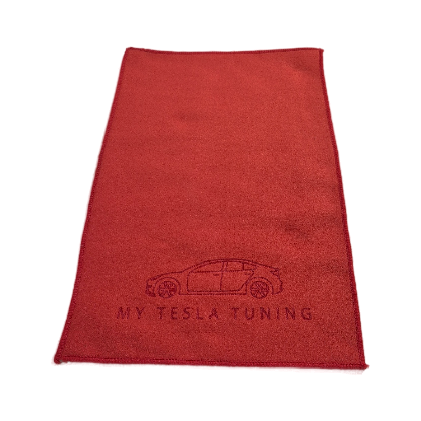 Rote Mikrofaser-Seite mit My Tesla Tuning Logo und Tesla Silhouette