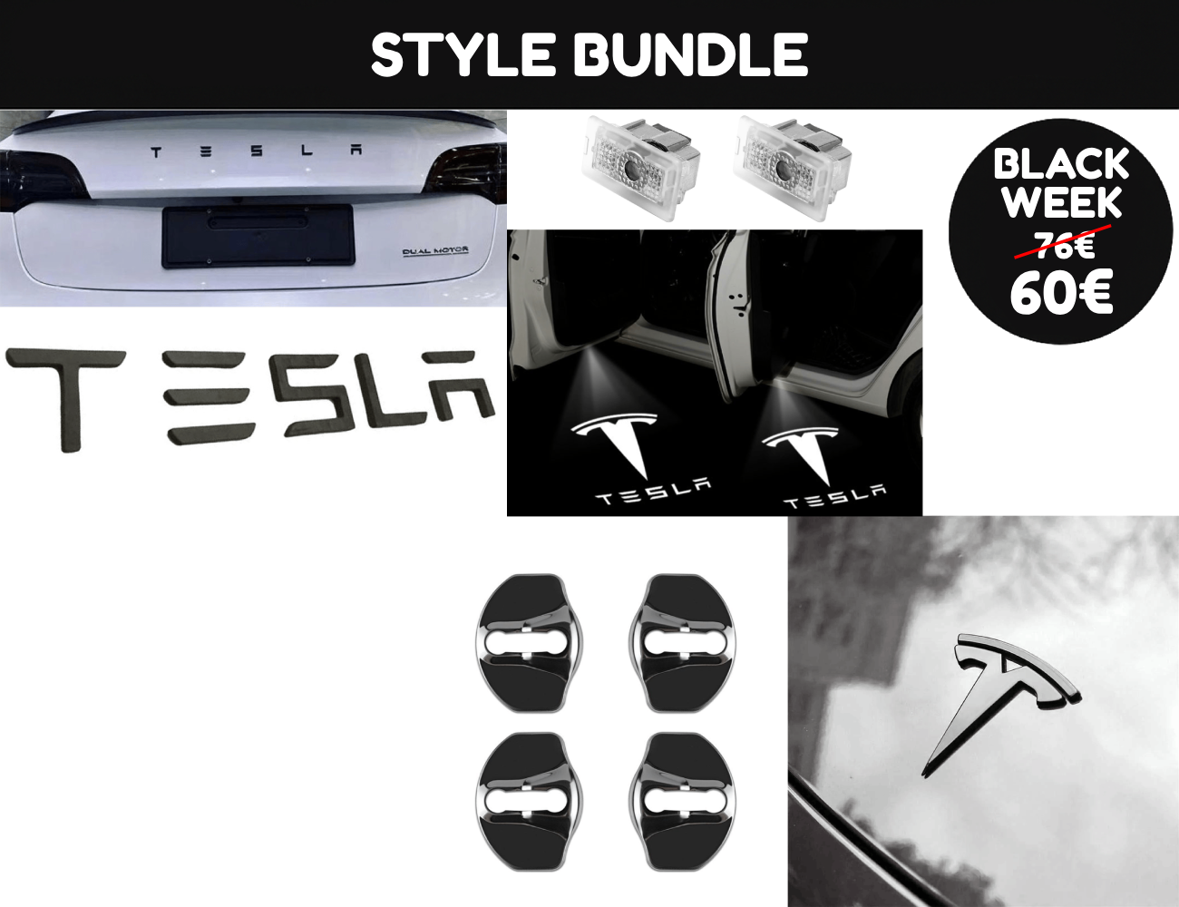 Style Bundle – Tesla 3D Buchstaben, LED Welcome Light & Matt-Schwarz Emblem