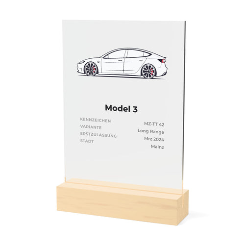 Personalisiertes Acryl-Display A5 hochkant im Holzsockel mit LED, Beispiel Auto-Silhouette mit Daten, 3D-Darstellung
