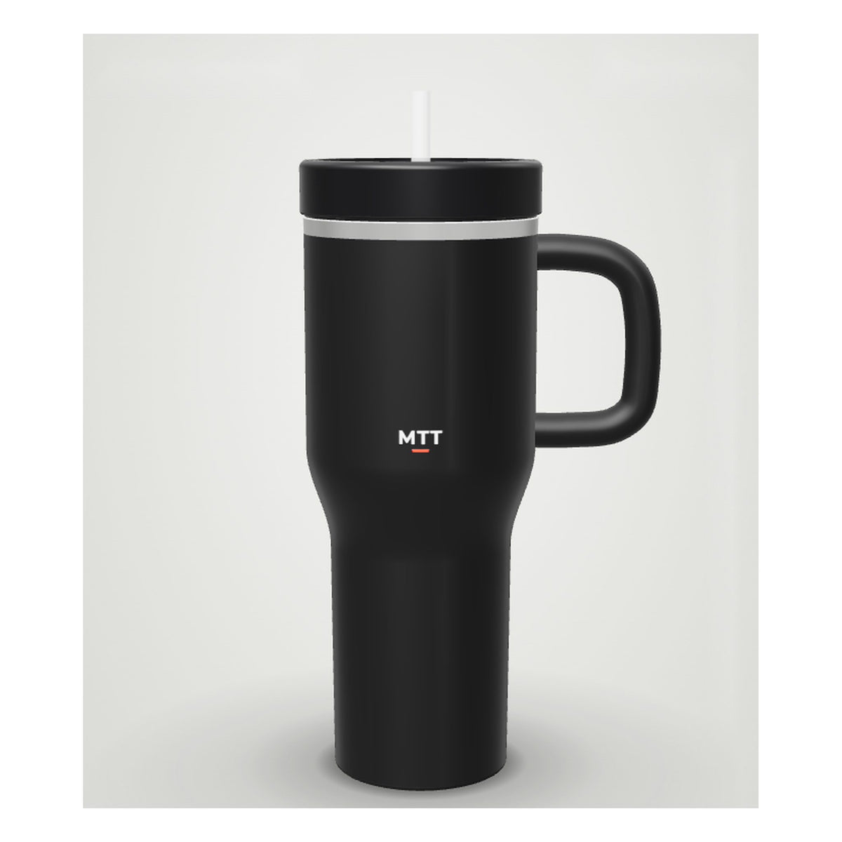 Custom-Tumbler 40 oz in Schwarz mit Henkel und Strohhalm, Ansicht aus dem 3D-Gestalter