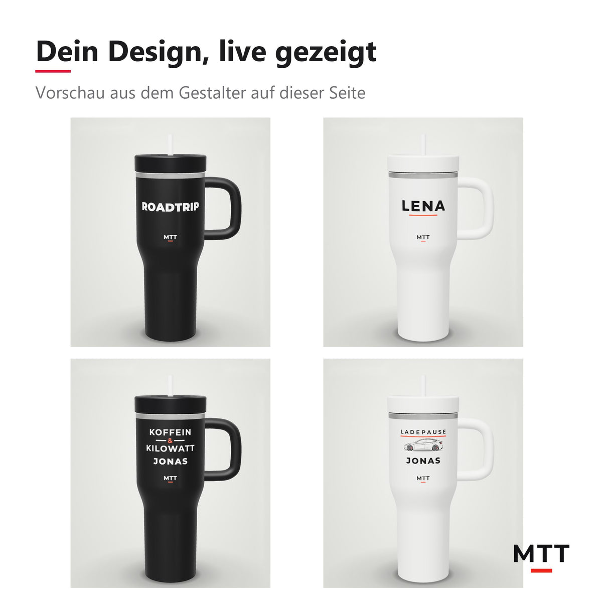 Custom-Tumbler gestalten: Wunschtext, Name mit Linie, Motiv mit Name, in Schwarz und Weiß