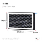 HEPA Luftfilter für Tesla Model 3 und Model Y, Maße 243,8 × 142 × 30 mm je Filter