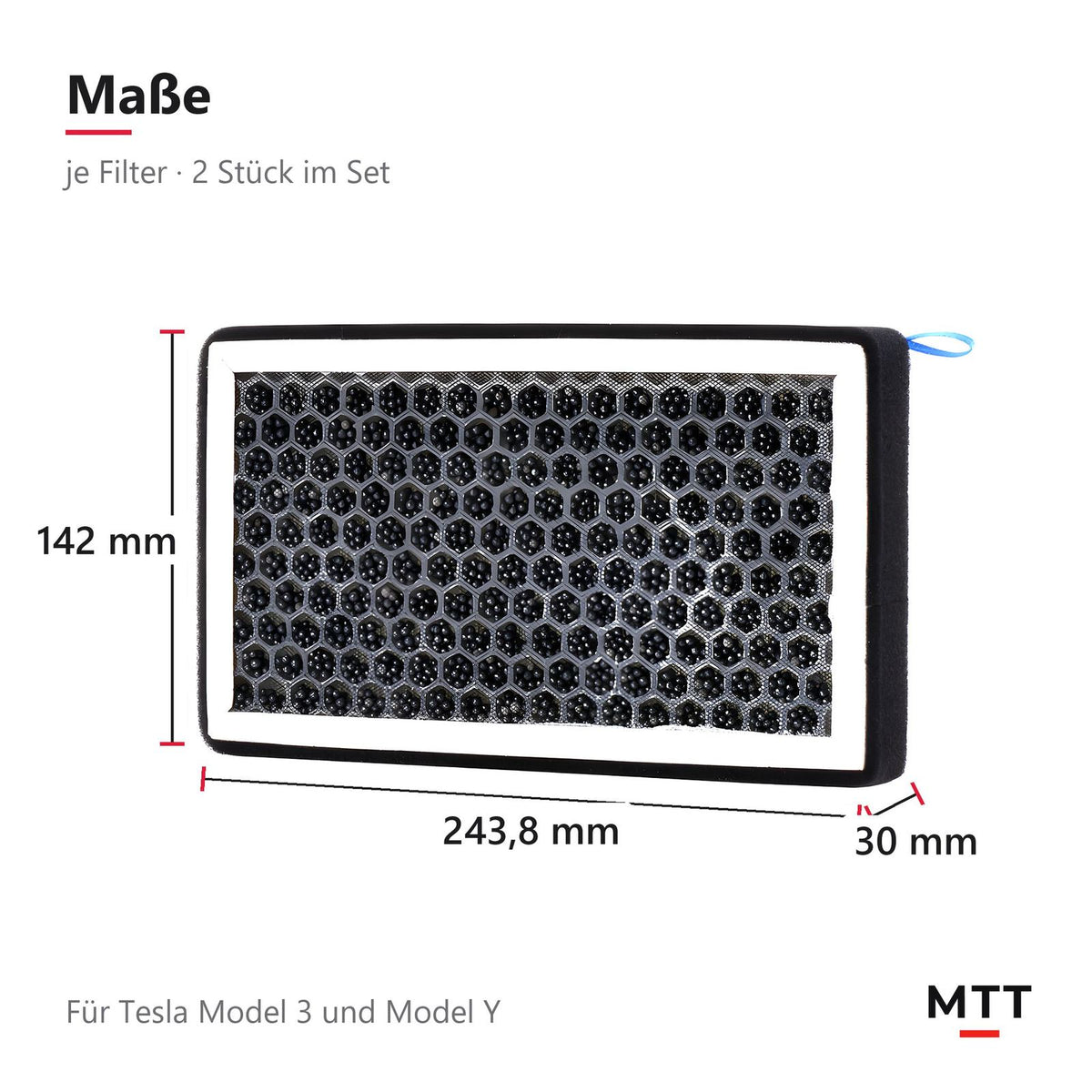 HEPA-Aktivkohle-Innenraumfilter für Tesla Model 3/Y – Maße 243,8 × 142 × 30 mm