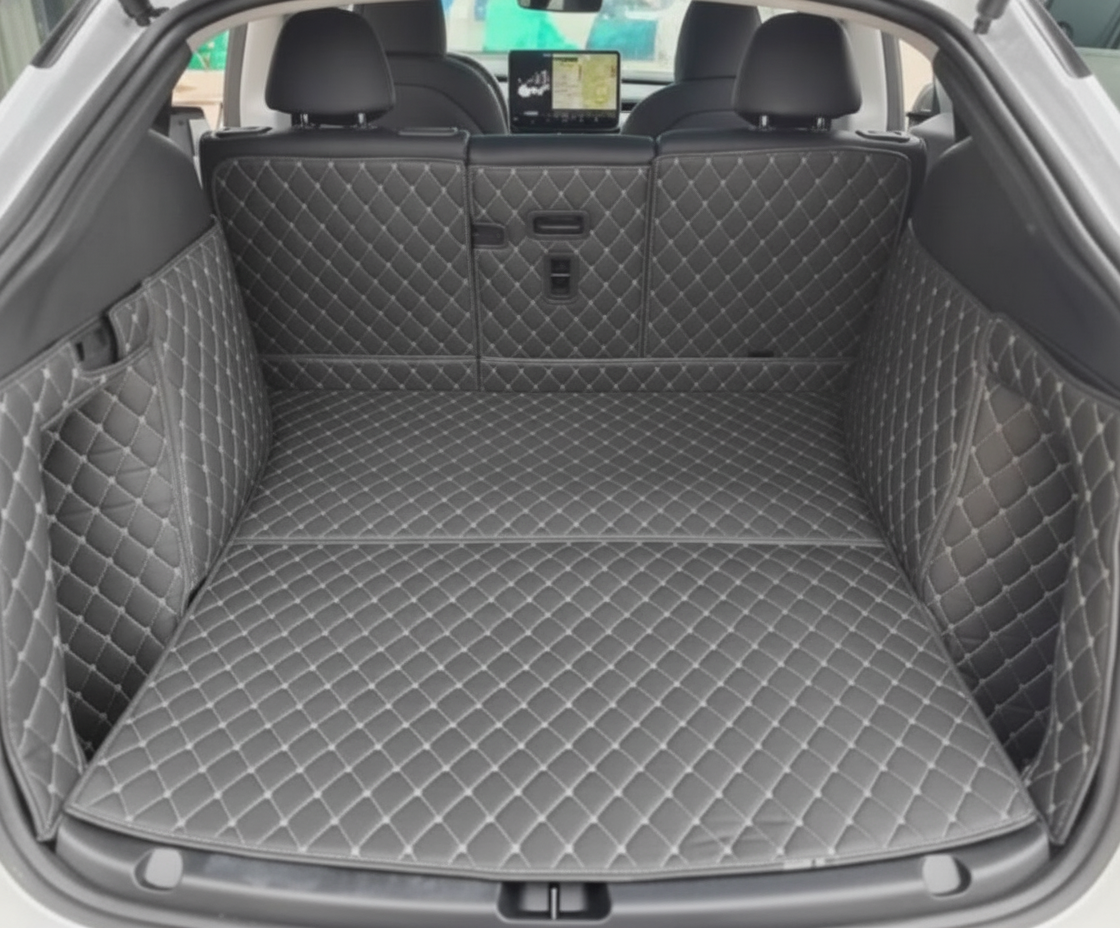 Kunstleder Kofferraummatte für Tesla Model Y Juniper – 6-teilig, Diamant – KI-generierte Produktdarstellung (Mockup) (Anwendung)
