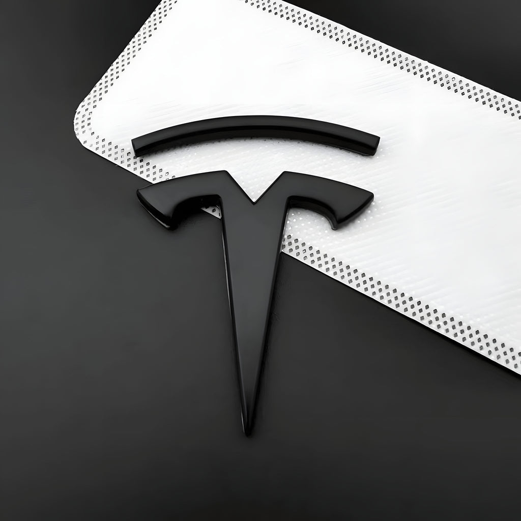 Logo Emblem für Tesla Motorhaube, mattschwarz, Aluminium, mit Klebefolie