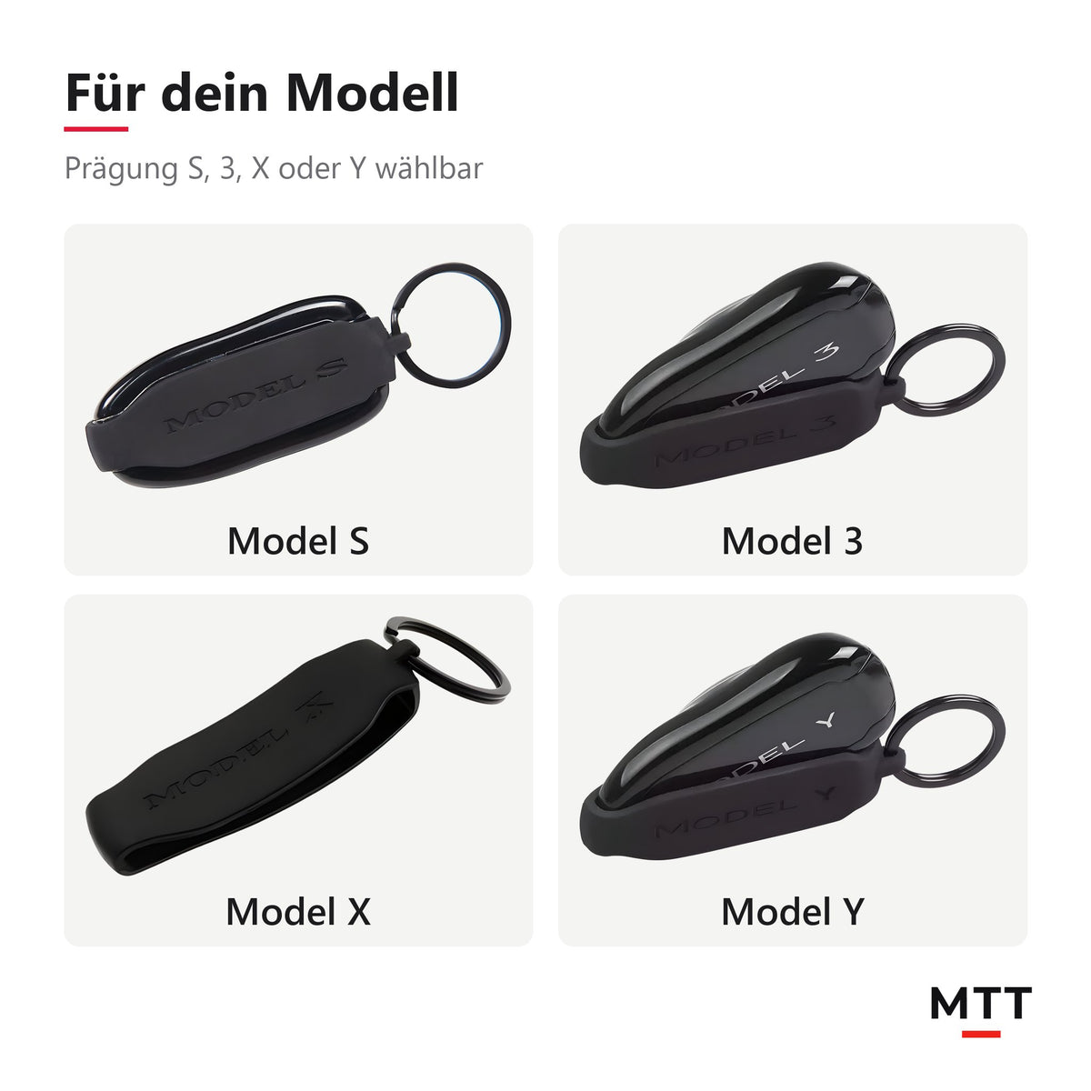 Schlüsselband für Tesla Key Fob, die vier Prägungen Model S, 3, X und Y im Vergleich