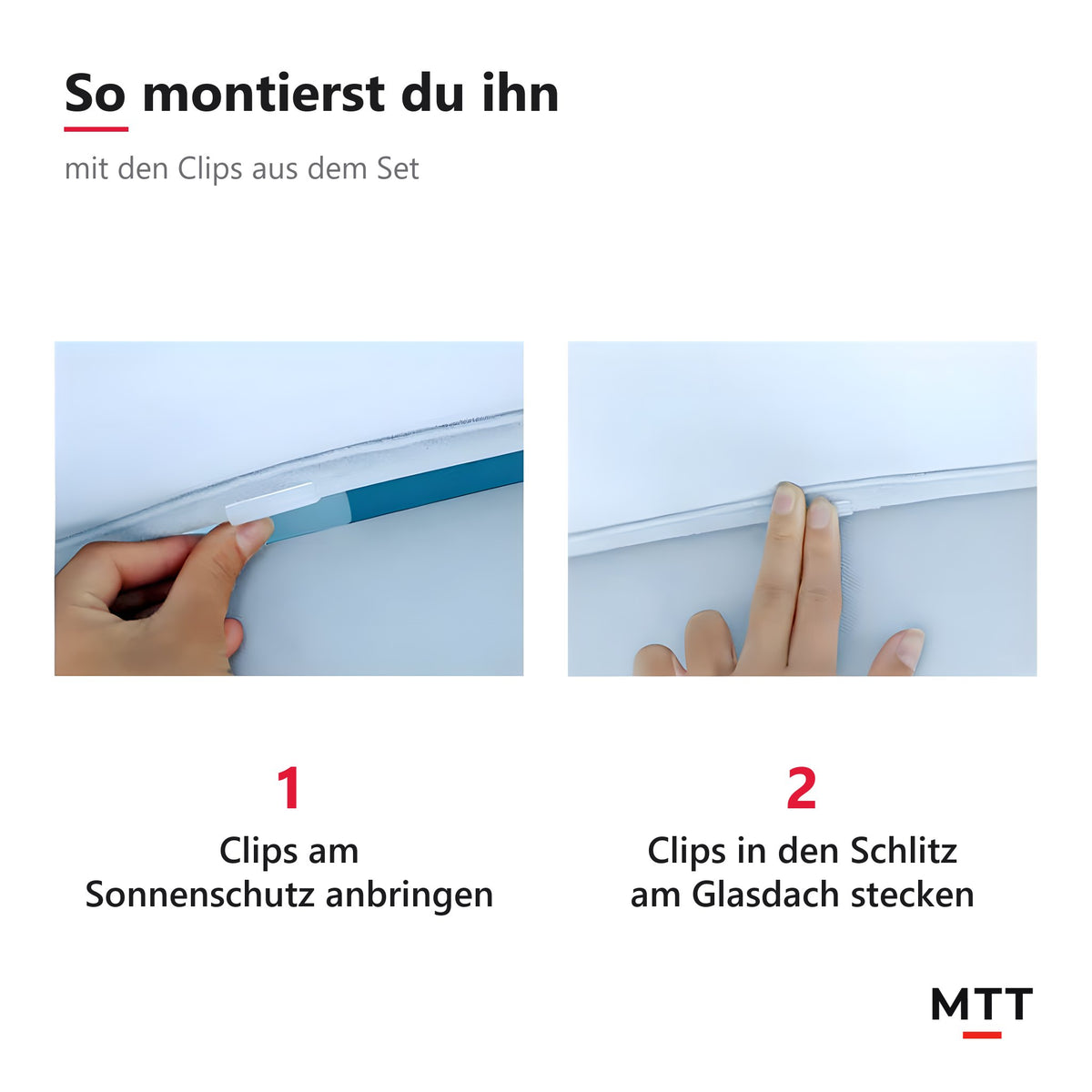 Sonnenschutz Glasdach Model Y – Montage: Clips anbringen und in den Schlitz am Glasdach stecken