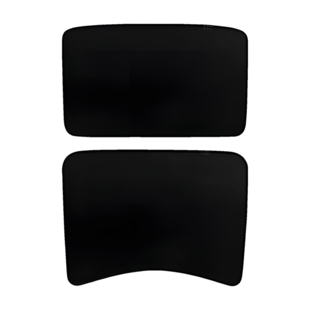 Sonnenschutz Glasdach Model Y Schwarz – beide Sonnenschutz-Paneele komplett auf weißem Grund