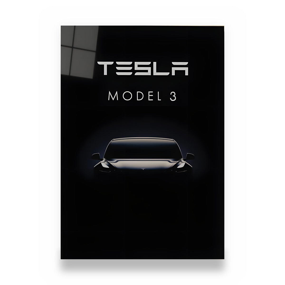 Tesla Model 3 Metalposter aus Aluminium, Silhouette auf Schwarz, freigestellt auf Weiß