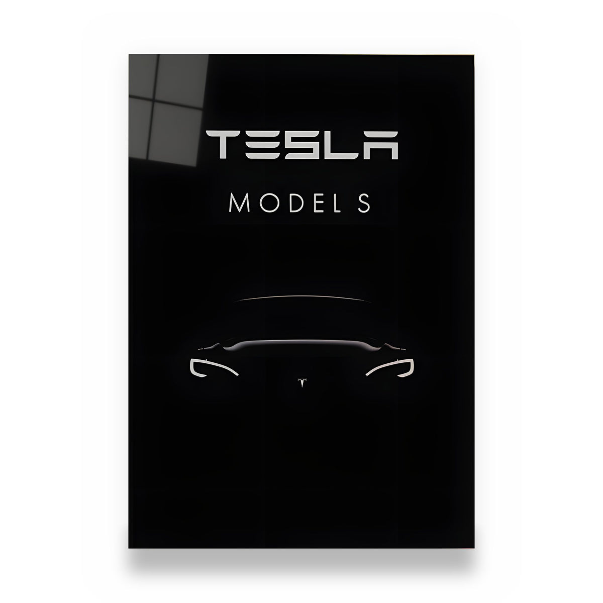 Tesla Model S Metalposter aus Aluminium, Silhouette auf Schwarz, freigestellt auf Weiß