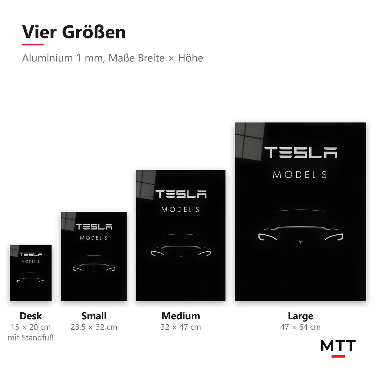 Tesla Model S Metalposter, vier Größen: Desk 15 × 20, Small 23,5 × 32, Medium 32 × 47, Large 47 × 64 cm