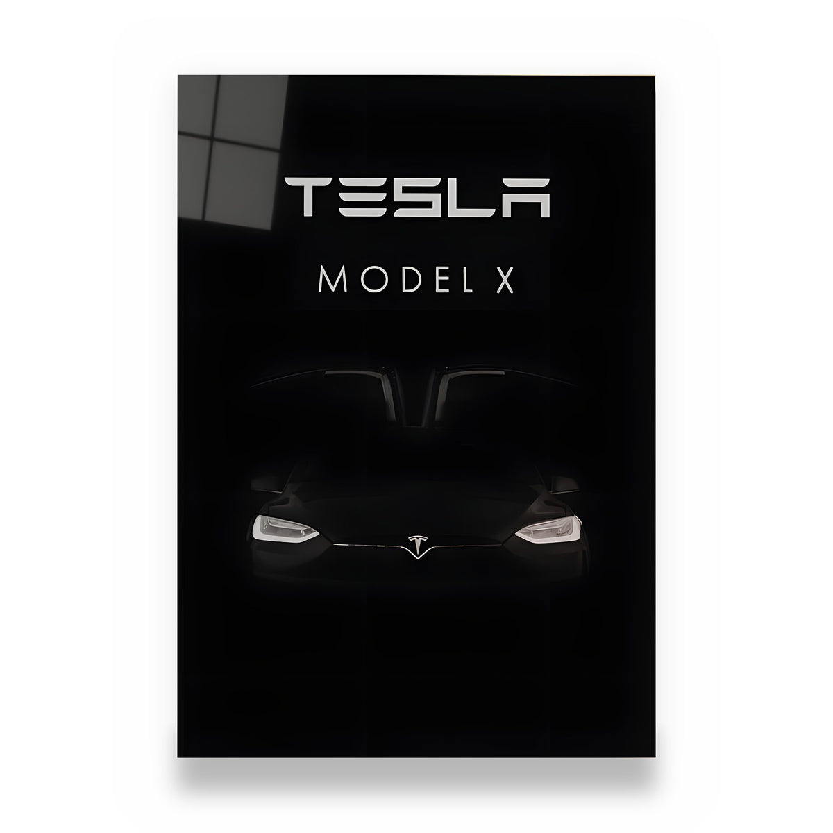 Tesla Model X Metalposter aus Aluminium, Silhouette auf Schwarz, freigestellt auf Weiß