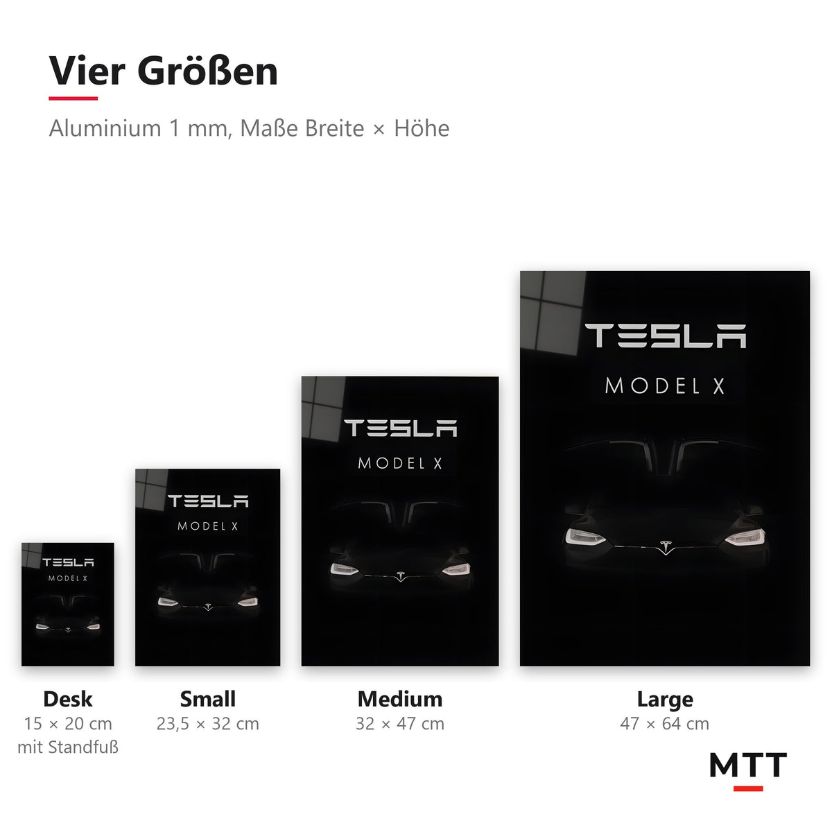 Tesla Model X Metalposter, vier Größen: Desk 15 × 20, Small 23,5 × 32, Medium 32 × 47, Large 47 × 64 cm