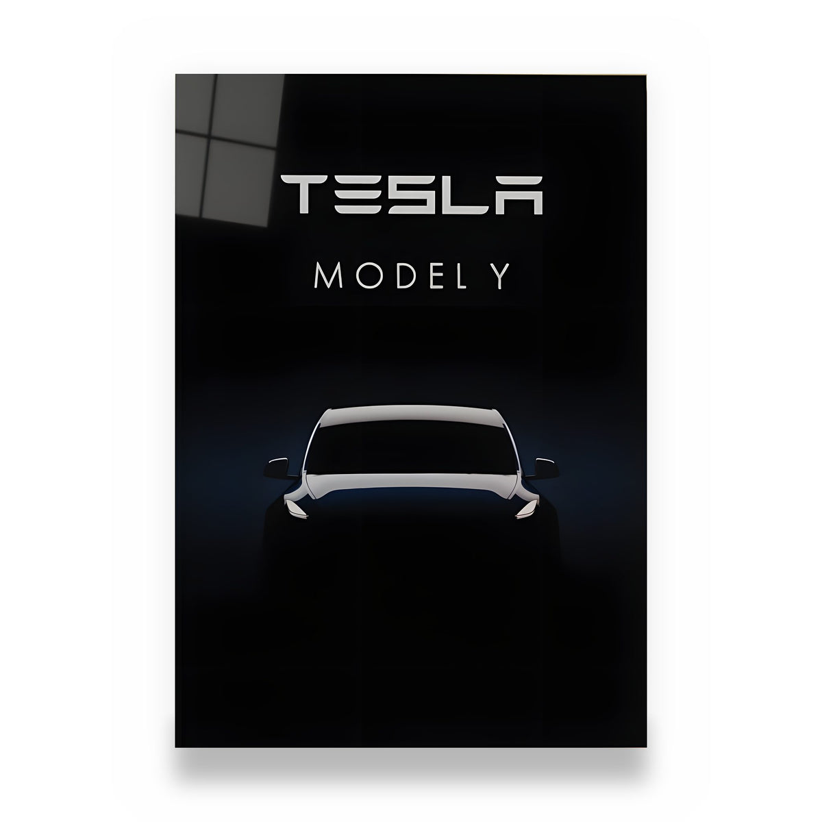 Tesla Model Y Metalposter aus Aluminium, Silhouette auf Schwarz, freigestellt auf Weiß
