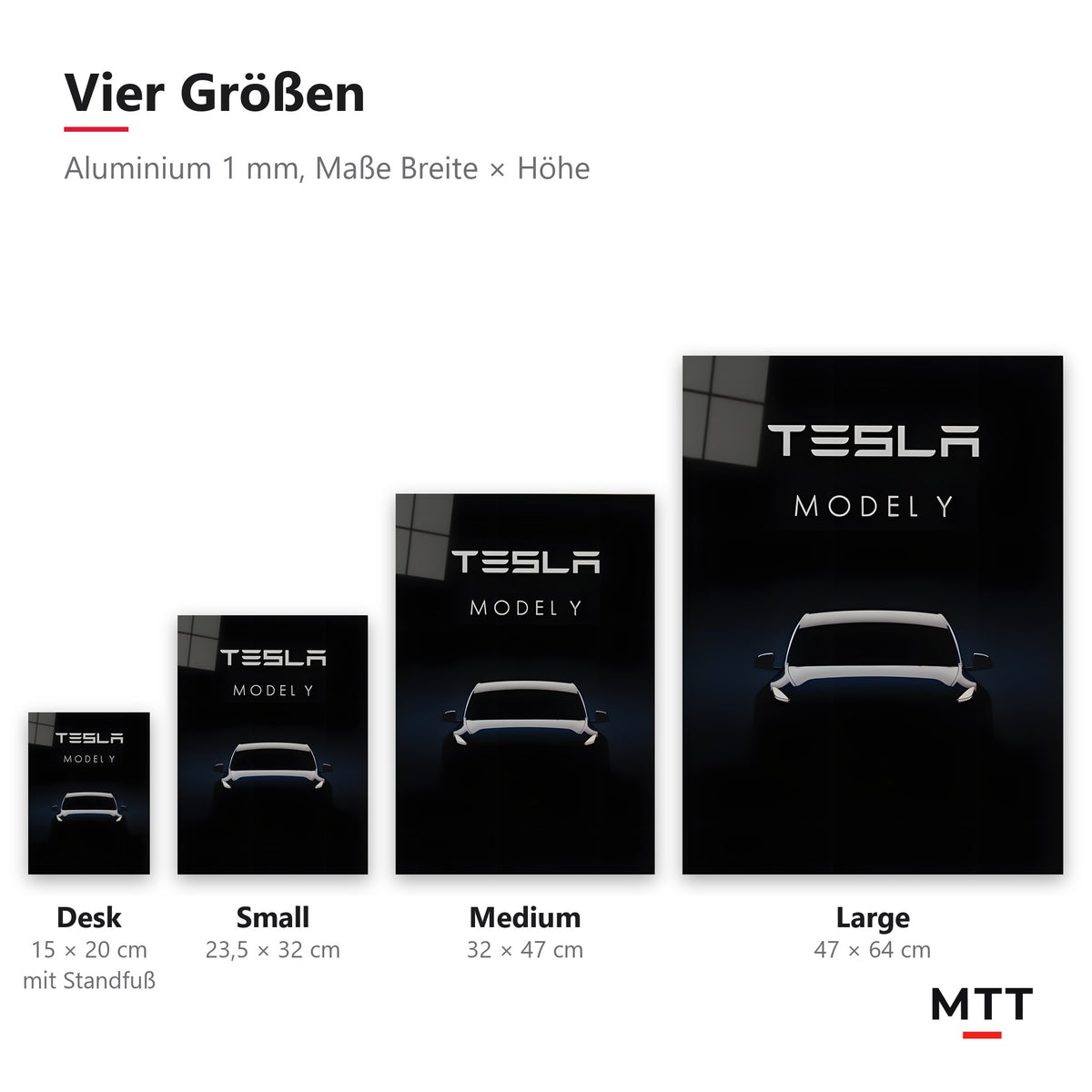 Tesla Model Y Metalposter, vier Größen: Desk 15 × 20, Small 23,5 × 32, Medium 32 × 47, Large 47 × 64 cm