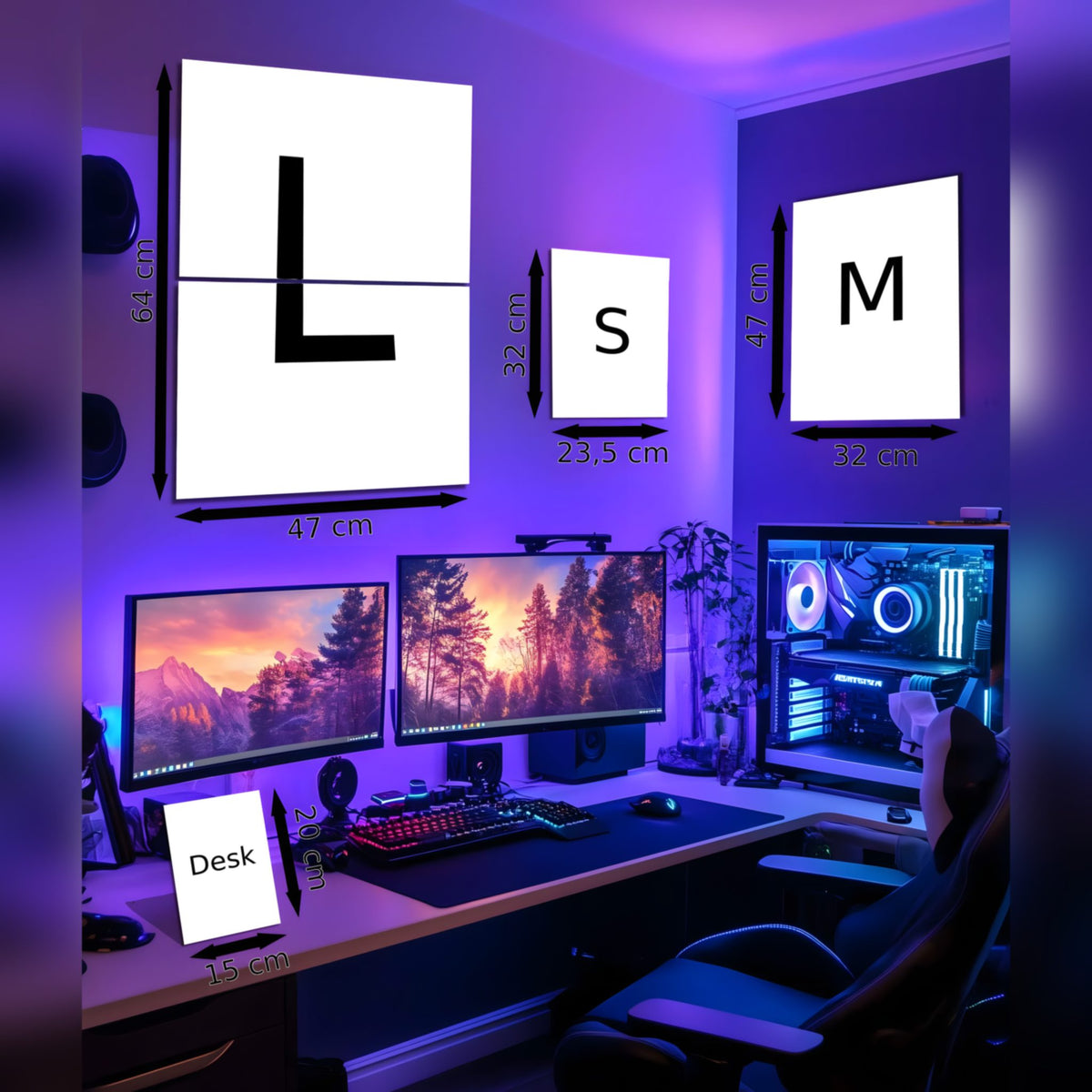Tesla Model Y Metalposter, Größen Desk, Small, Medium und Large im Raum