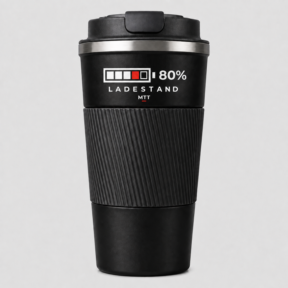 Thermobecher Schwarz mit Motiv Ladestand auf dem glatten Band