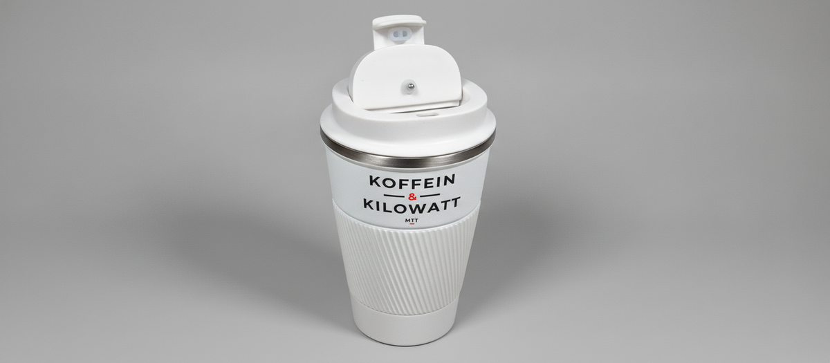 Thermobecher Weiß mit Motiv Koffein & Kilowatt auf dem glatten Band