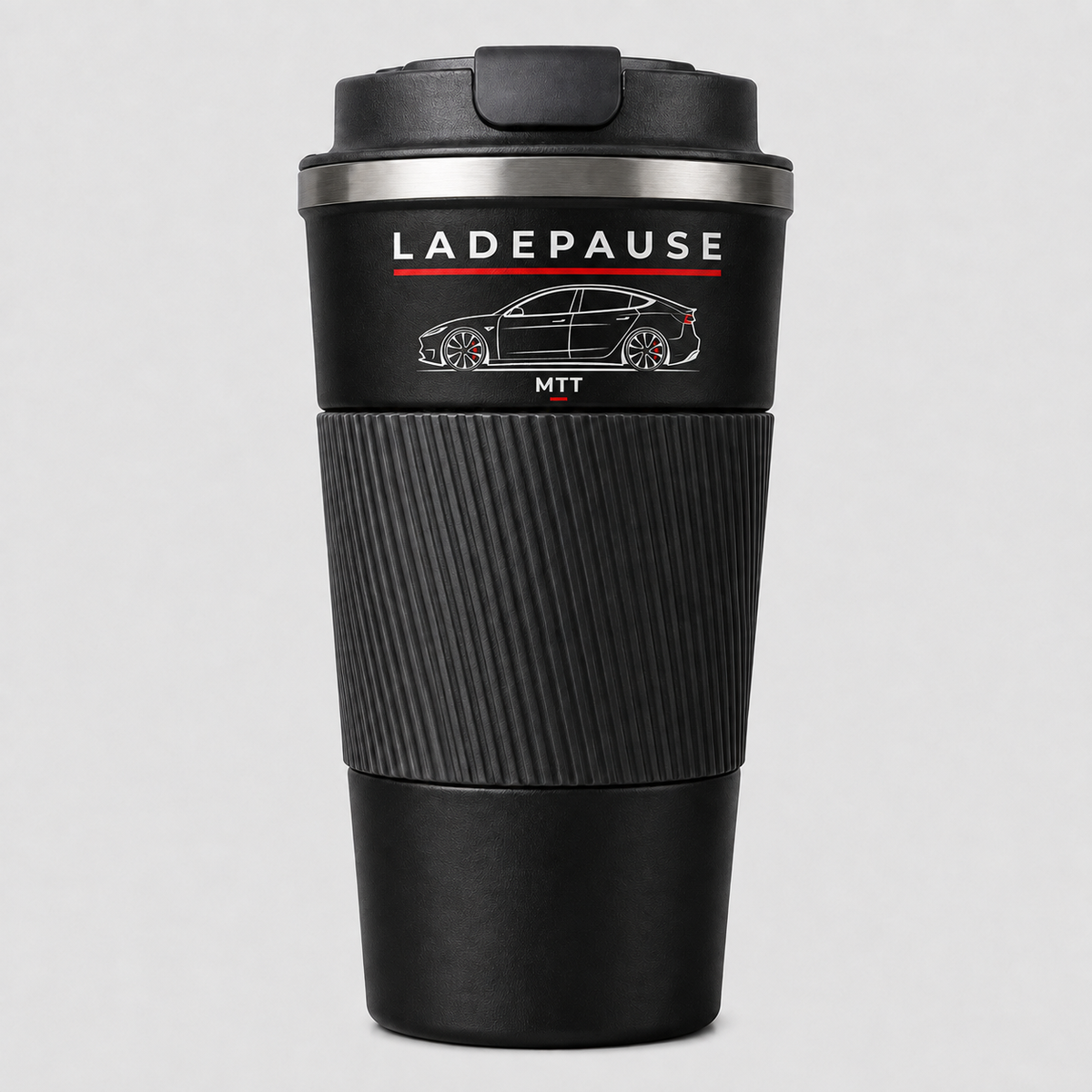 Thermobecher Schwarz mit Motiv Ladepause auf dem glatten Band