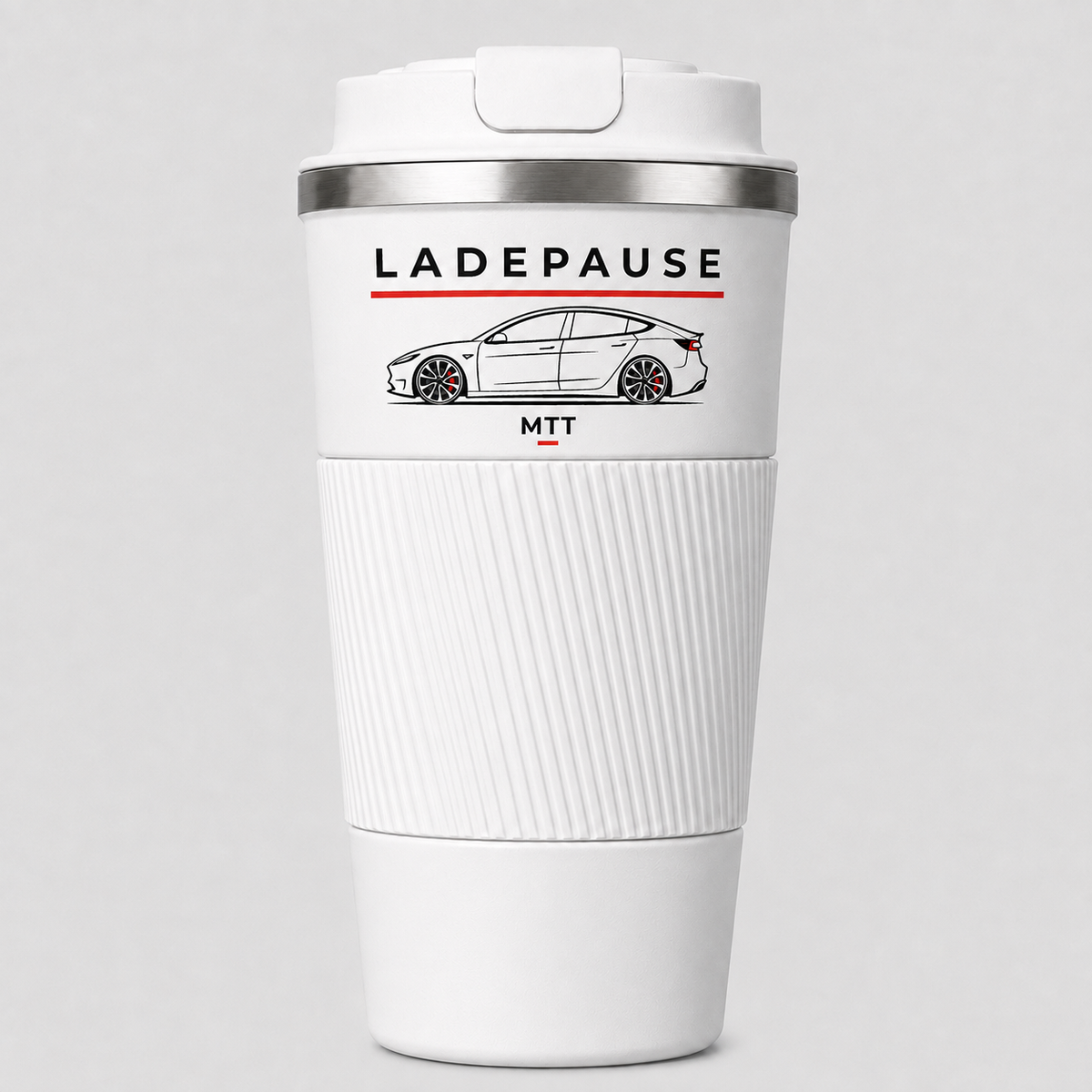 Thermobecher Weiß mit Motiv Ladepause auf dem glatten Band