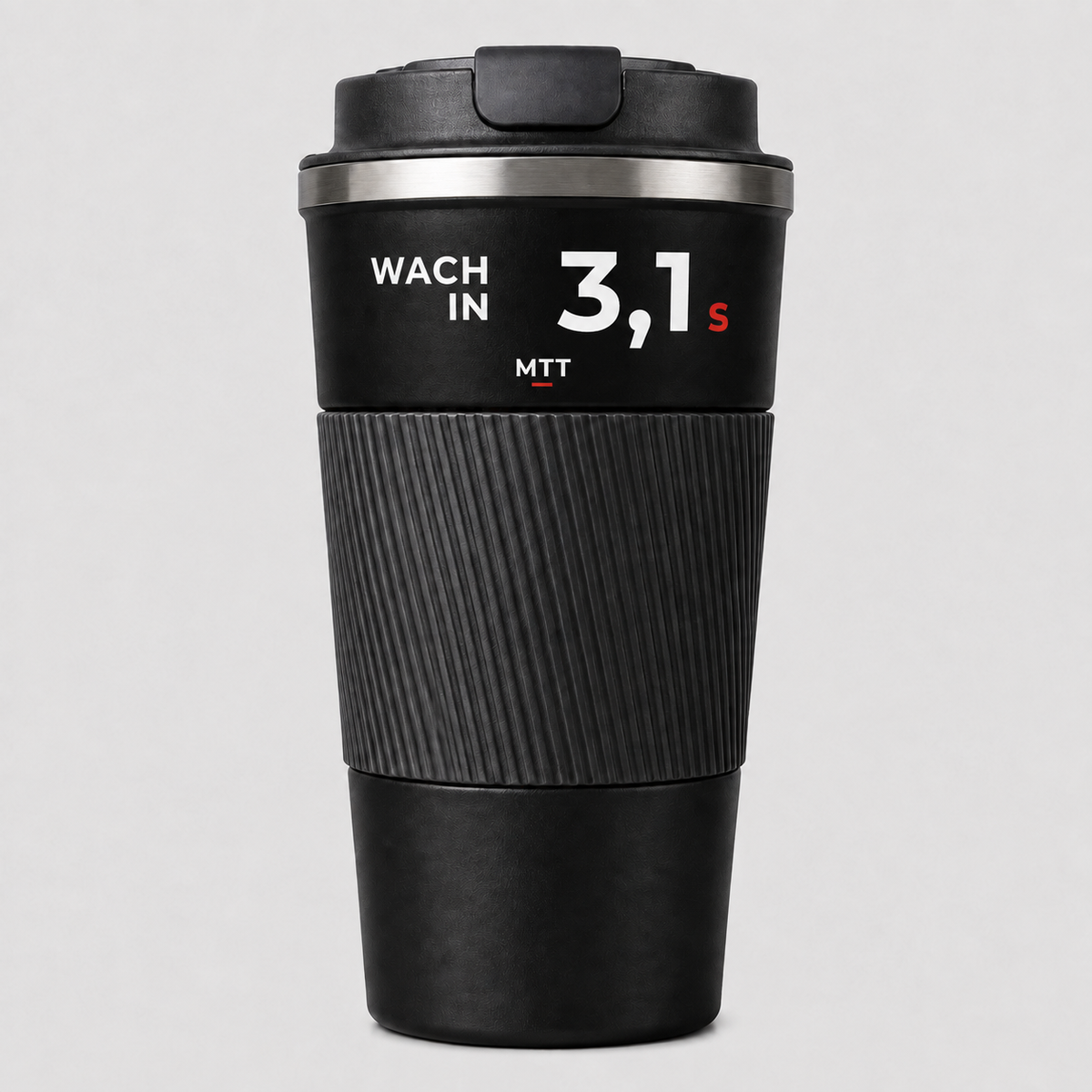 Thermobecher Schwarz mit Motiv Wach in … Sekunden auf dem glatten Band