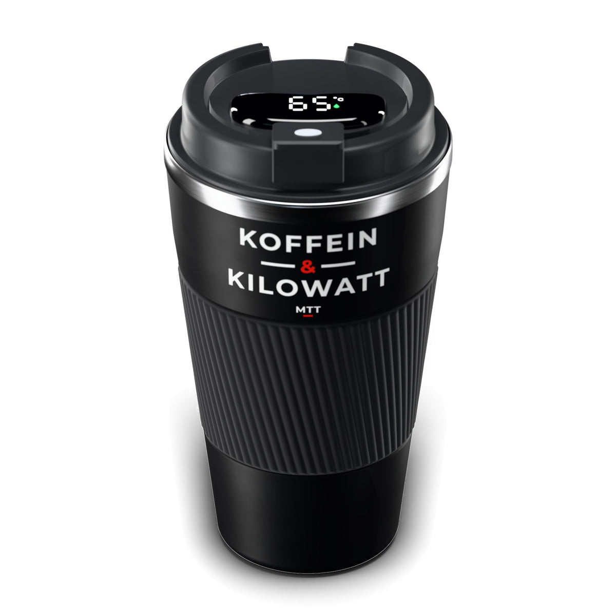 Thermo-Becher Schwarz mit LCD-Temperaturanzeige im Deckel (65 °C), Edelstahl 510 ml, Aufdruck „Koffein & Kilowatt“