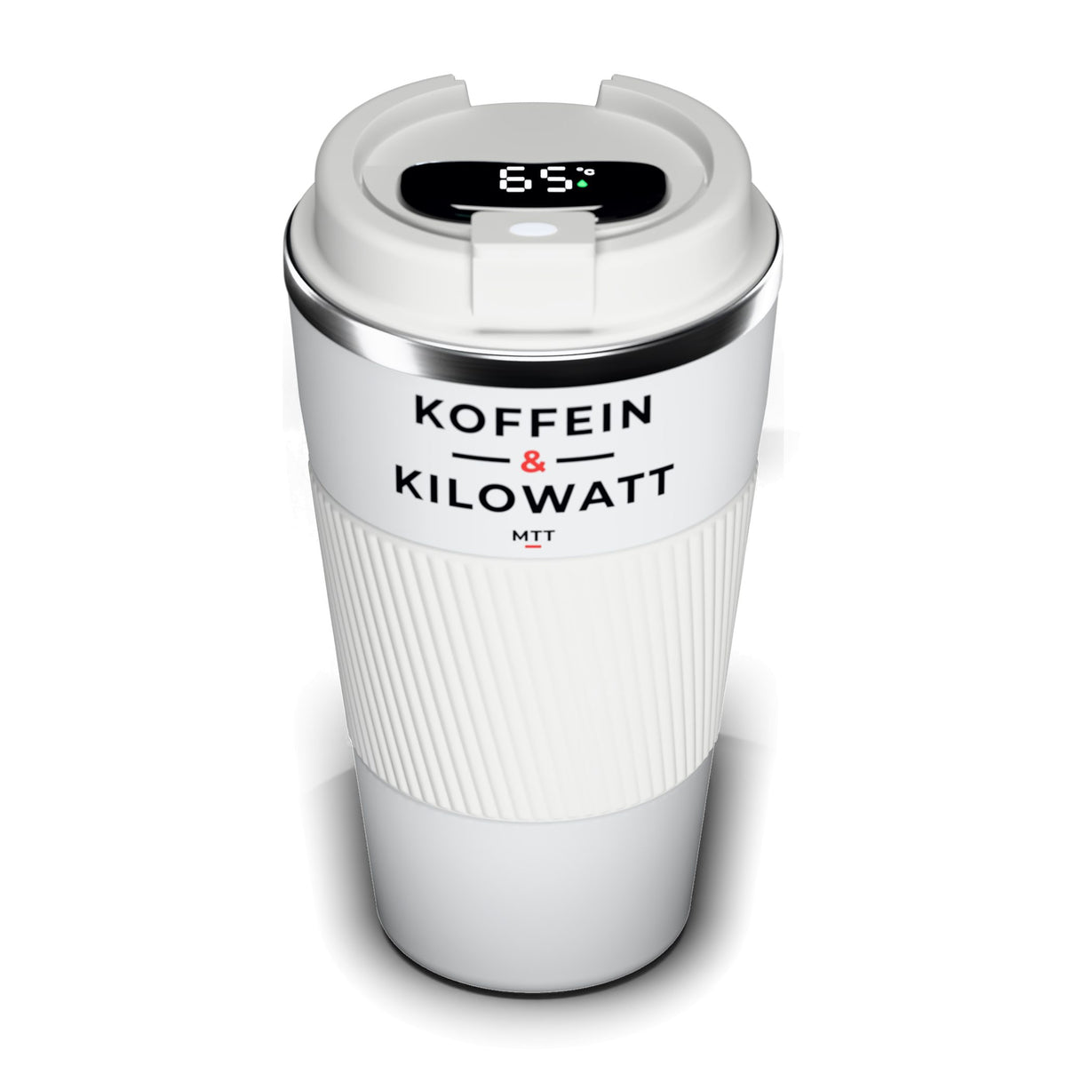 Thermo-Becher Weiß mit LCD-Temperaturanzeige im Deckel (65 °C), Edelstahl 510 ml, Aufdruck „Koffein & Kilowatt“