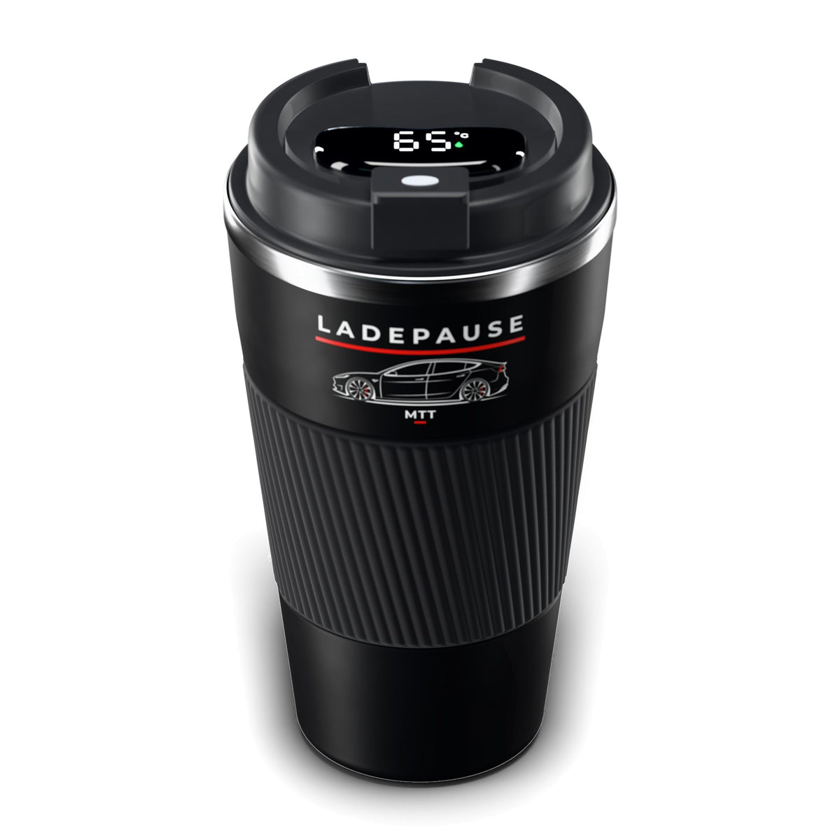 Thermo-Becher Schwarz mit LCD-Temperaturanzeige im Deckel (65 °C), Edelstahl 510 ml, Aufdruck „Ladepause“ mit Auto-Silhouette