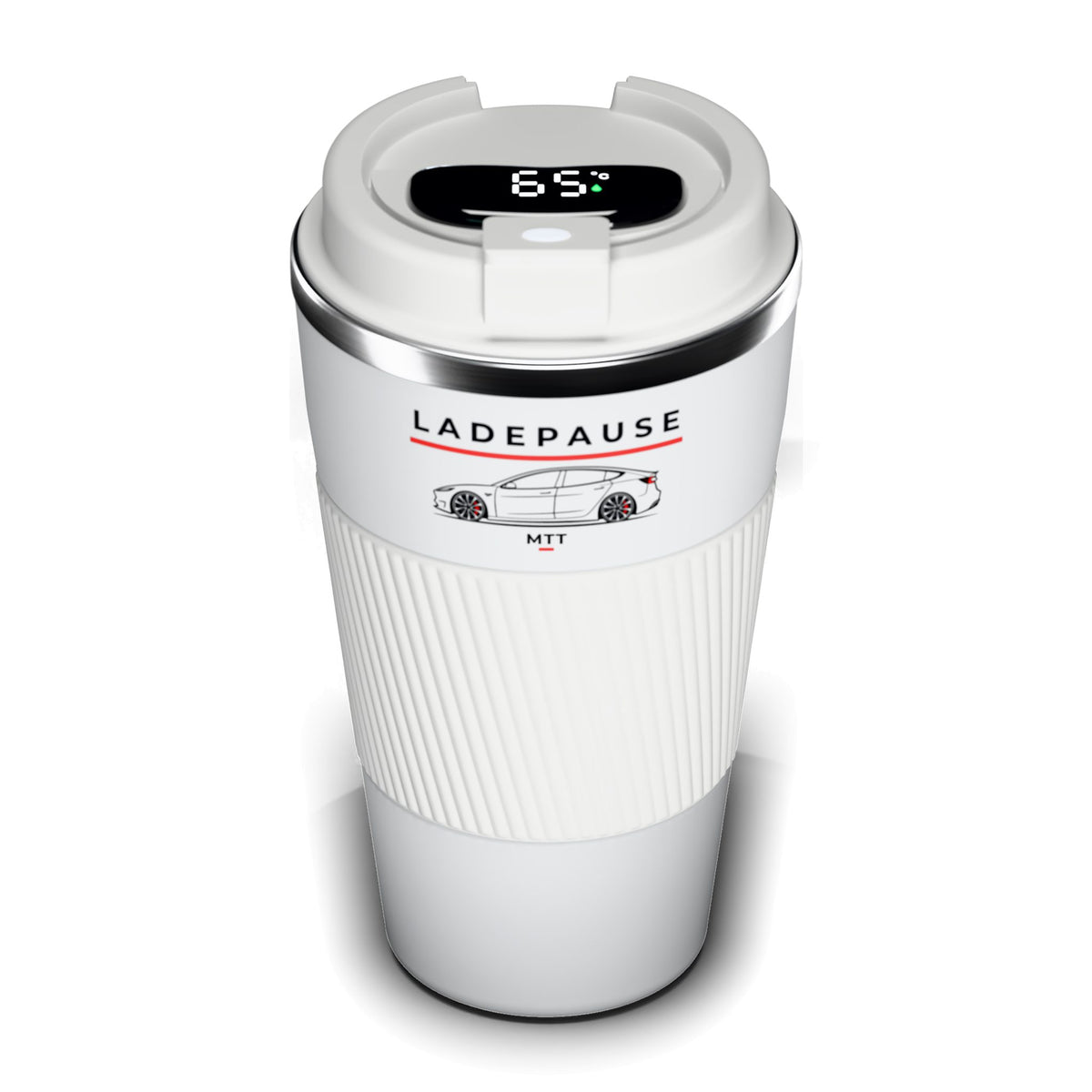 Thermo-Becher Weiß mit LCD-Temperaturanzeige im Deckel (65 °C), Edelstahl 510 ml, Aufdruck „Ladepause“ mit Auto-Silhouette