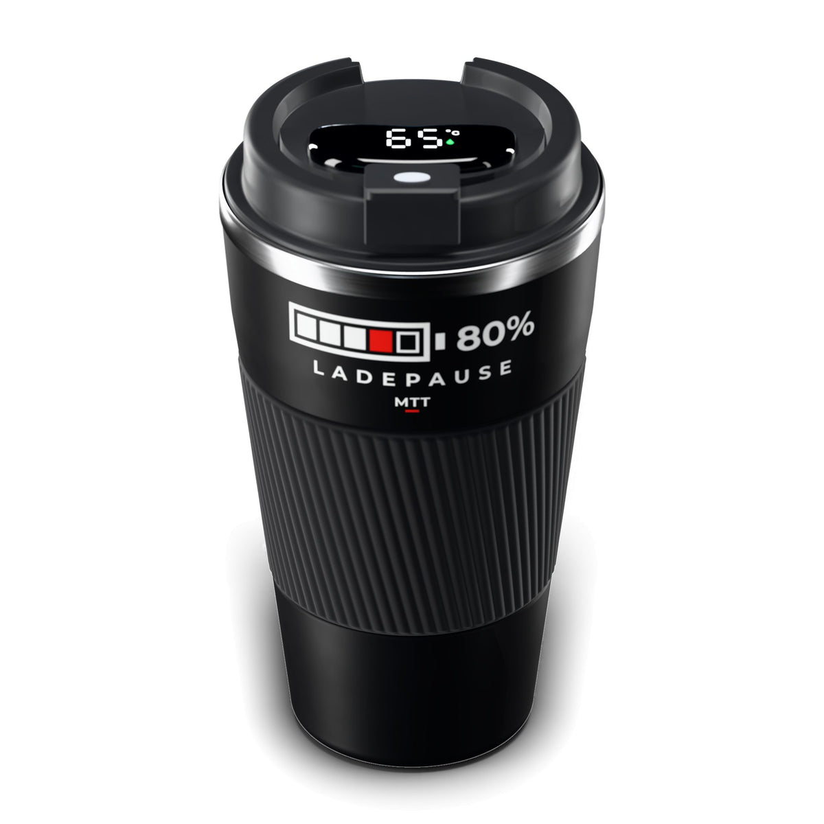 Thermo-Becher Schwarz mit LCD-Temperaturanzeige im Deckel (65 °C), Edelstahl 510 ml, Aufdruck Akku-Ladeanzeige „80 % Ladepause“