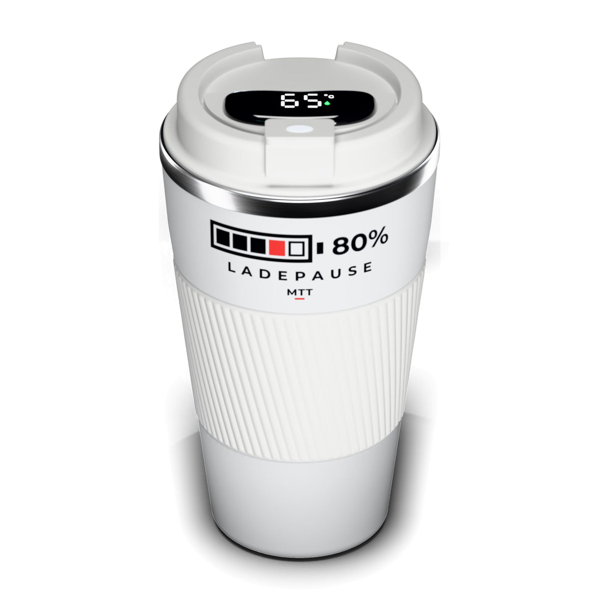 Thermo-Becher Weiß mit LCD-Temperaturanzeige im Deckel (65 °C), Edelstahl 510 ml, Aufdruck Akku-Ladeanzeige „80 % Ladepause“