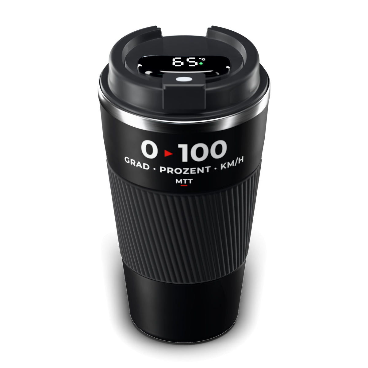 Thermo-Becher Schwarz mit LCD-Temperaturanzeige im Deckel (65 °C), Edelstahl 510 ml, Aufdruck „0 ▸ 100 · Grad · Prozent · km/h“