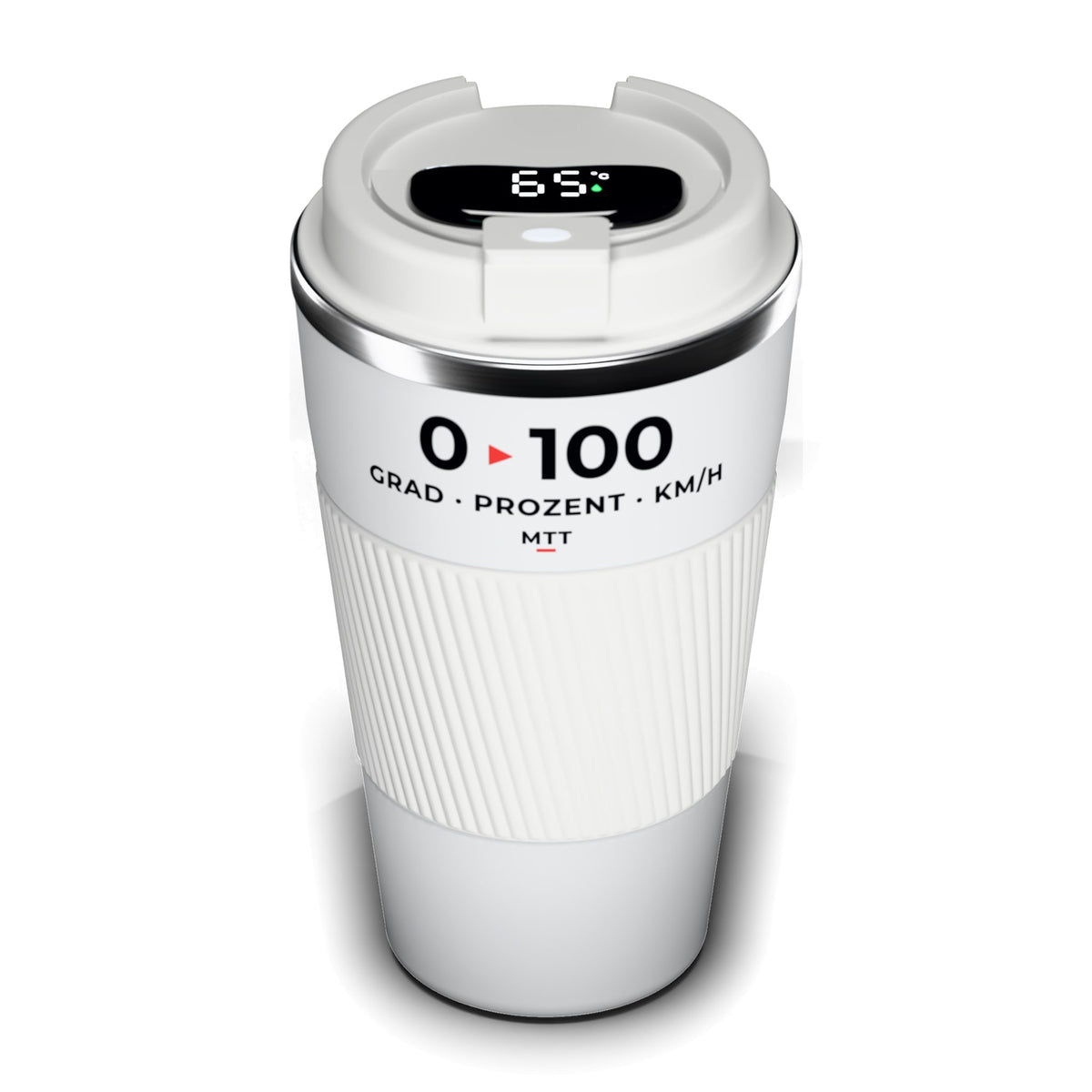 Thermo-Becher Weiß mit LCD-Temperaturanzeige im Deckel (65 °C), Edelstahl 510 ml, Aufdruck „0 ▸ 100 · Grad · Prozent · km/h“