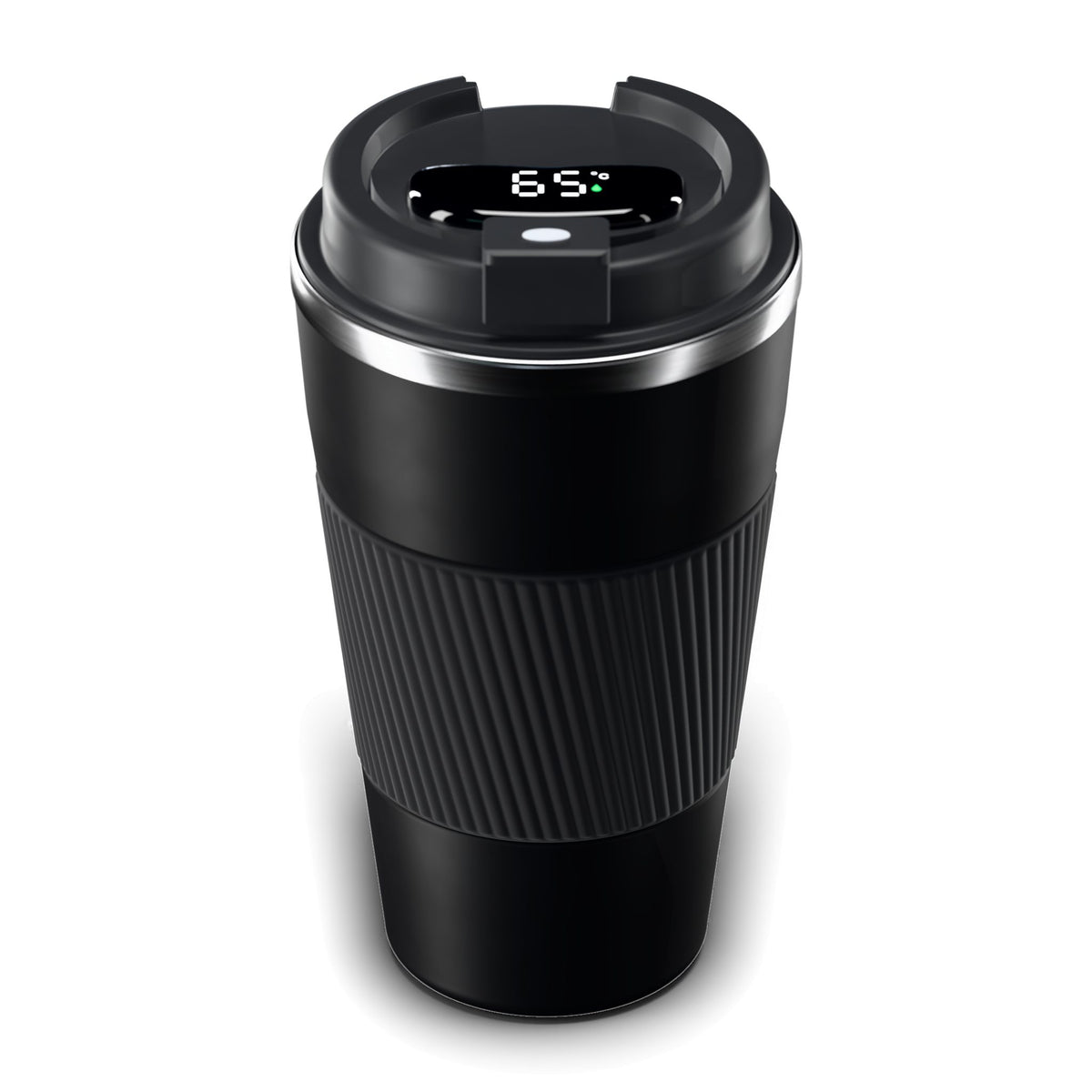 Thermo-Becher Schwarz mit LCD-Temperaturanzeige im Deckel (65 °C), Edelstahl 510 ml, ohne Aufdruck
