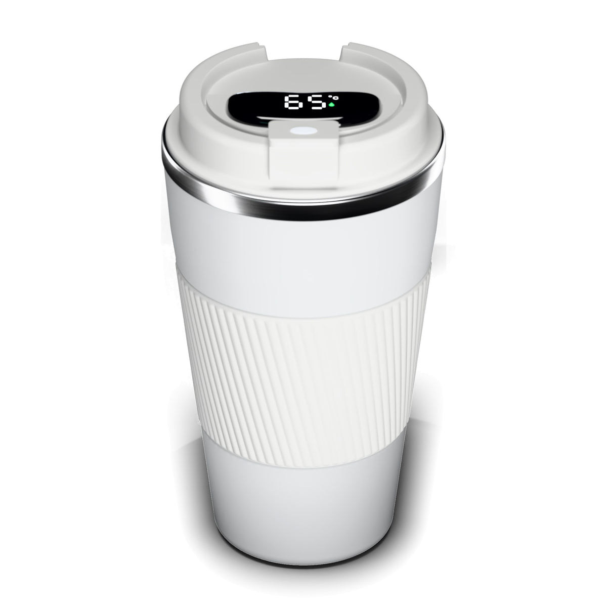 Thermo-Becher Weiß mit LCD-Temperaturanzeige im Deckel (65 °C), Edelstahl 510 ml, ohne Aufdruck
