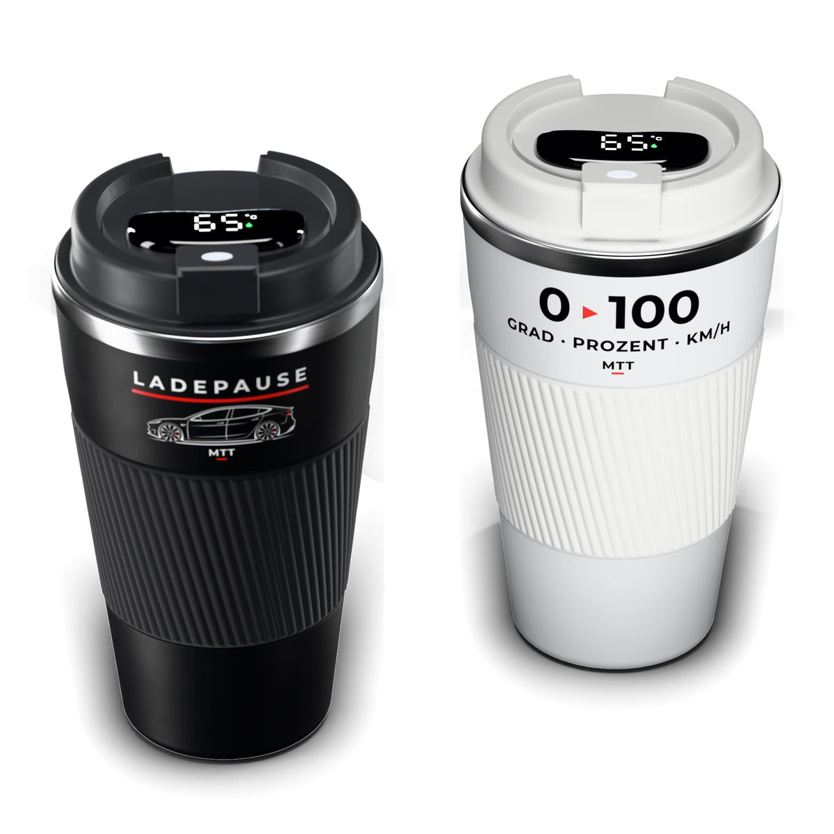 Thermo-Becher mit LCD-Temperaturanzeige in Schwarz und Weiß, Edelstahl 510 ml, Deckelanzeige 65 °C, Motive Ladepause und Null auf Hundert