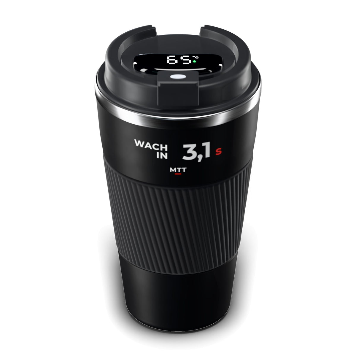 Thermo-Becher Schwarz mit LCD-Temperaturanzeige im Deckel (65 °C), Edelstahl 510 ml, Aufdruck „Wach in 3,1 s“ (Beispielzahl)