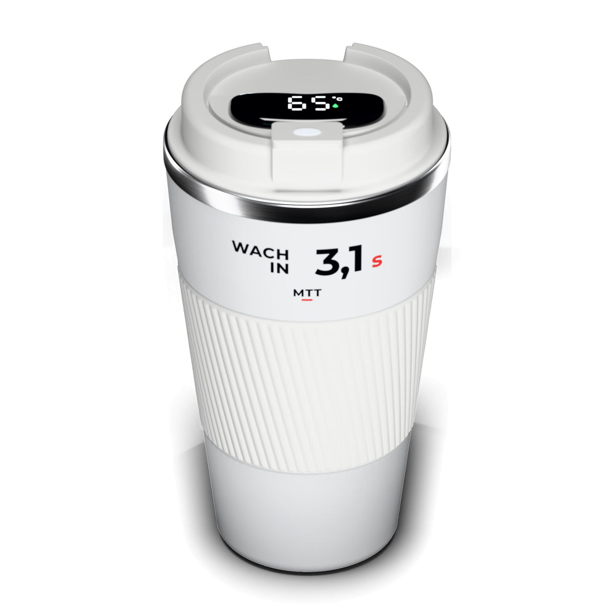 Thermo-Becher Weiß mit LCD-Temperaturanzeige im Deckel (65 °C), Edelstahl 510 ml, Aufdruck „Wach in 3,1 s“ (Beispielzahl)