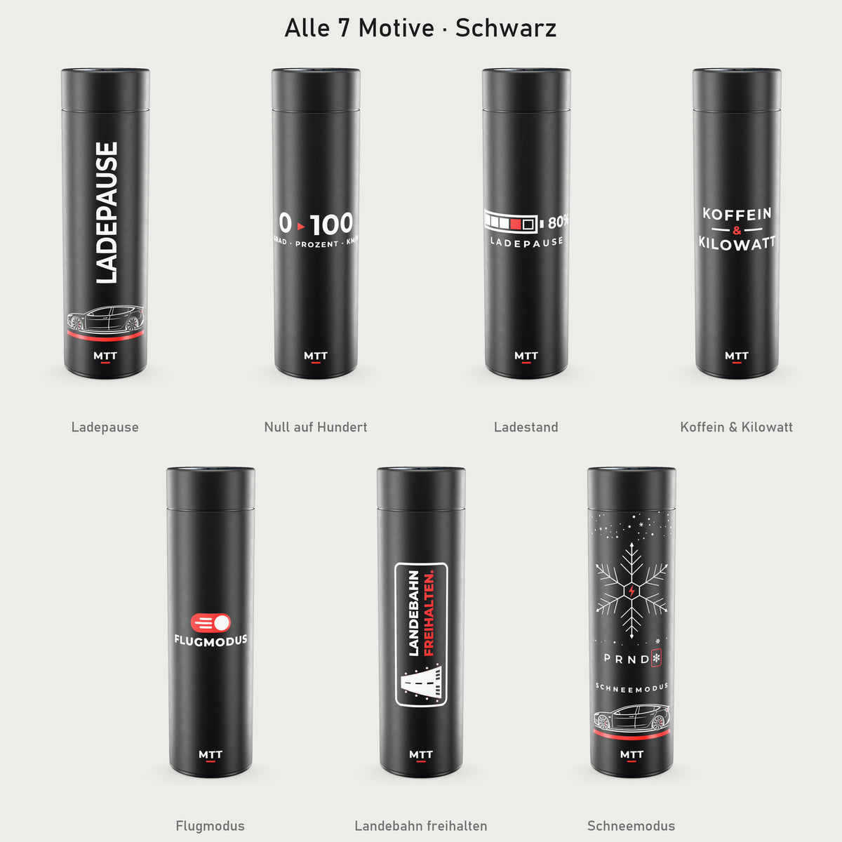Alle sieben Motive der Thermosflasche in Schwarz: Ladepause, Null auf Hundert, Ladestand, Koffein & Kilowatt, Flugmodus, Landebahn freihalten und Schneemodus