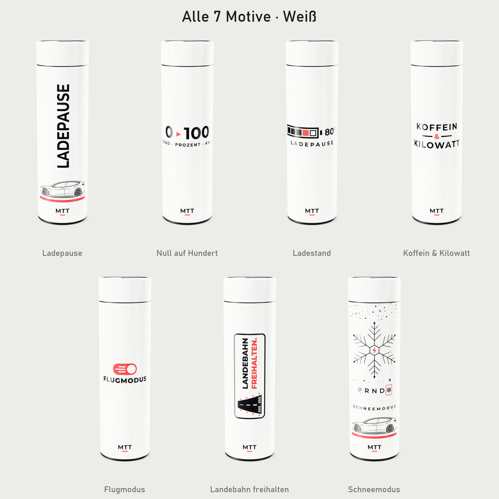 Alle sieben Motive der Thermosflasche in Weiß: Ladepause, Null auf Hundert, Ladestand, Koffein & Kilowatt, Flugmodus, Landebahn freihalten und Schneemodus