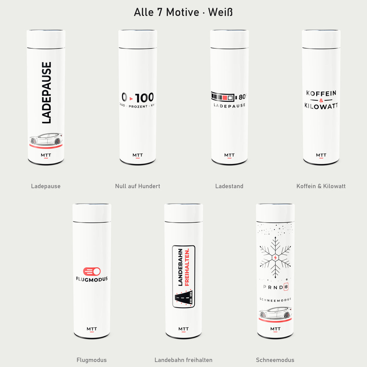 Alle sieben Motive der Thermosflasche in Weiß: Ladepause, Null auf Hundert, Ladestand, Koffein & Kilowatt, Flugmodus, Landebahn freihalten und Schneemodus