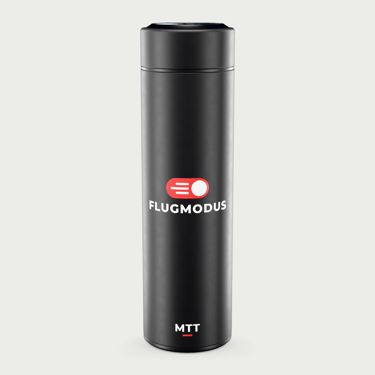 Thermosflasche schwarz mit LCD-Temperaturanzeige im Deckel, 500 ml, Motiv „Flugmodus“ als UV-Druck, vor hellgrauem Hintergrund