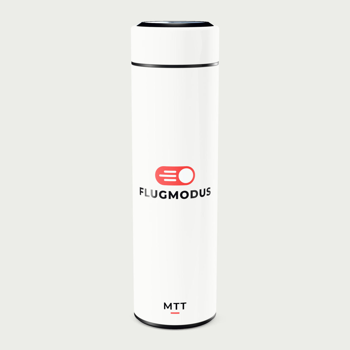 Thermosflasche weiß mit LCD-Temperaturanzeige im Deckel, 500 ml, Motiv „Flugmodus“ als UV-Druck, vor hellgrauem Hintergrund