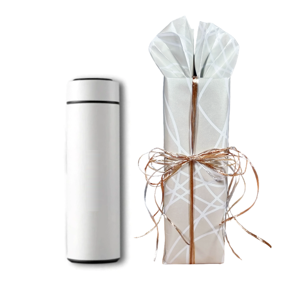 Thermosflasche weiß mit weißer Geschenkverpackung