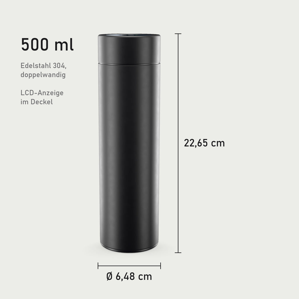Thermosflasche mit Maßangaben: 22,65 cm hoch, 6,48 cm Durchmesser, 500 ml Fassungsvermögen