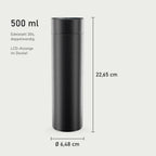 Thermosflasche mit Maßangaben: 22,65 cm hoch, 6,48 cm Durchmesser, 500 ml Fassungsvermögen