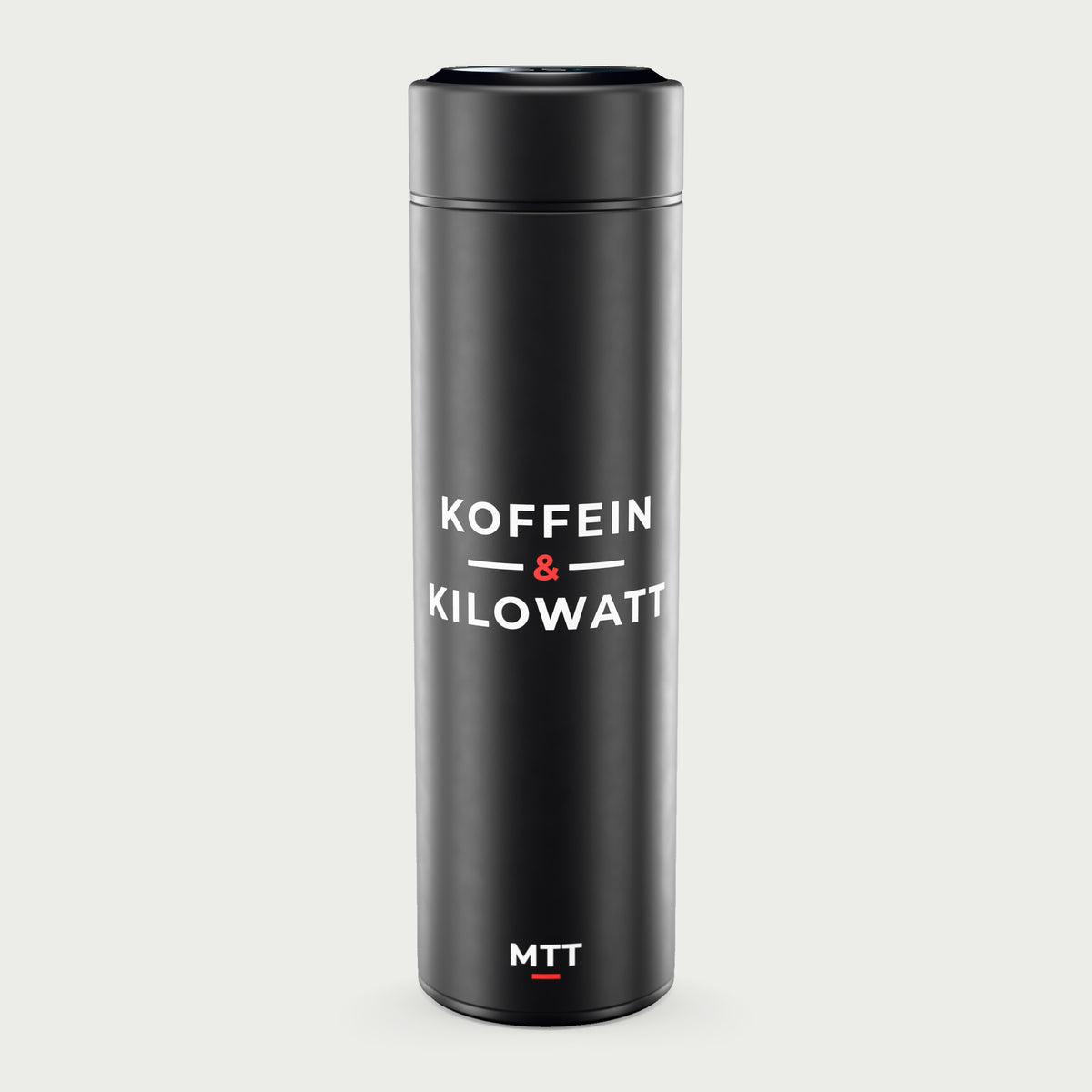 Thermosflasche schwarz mit LCD-Temperaturanzeige im Deckel, 500 ml, Motiv „Koffein & Kilowatt“ als UV-Druck, vor hellgrauem Hintergrund