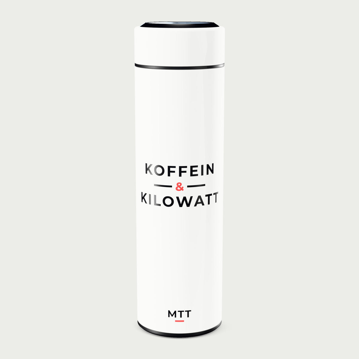 Thermosflasche weiß mit LCD-Temperaturanzeige im Deckel, 500 ml, Motiv „Koffein & Kilowatt“ als UV-Druck, vor hellgrauem Hintergrund