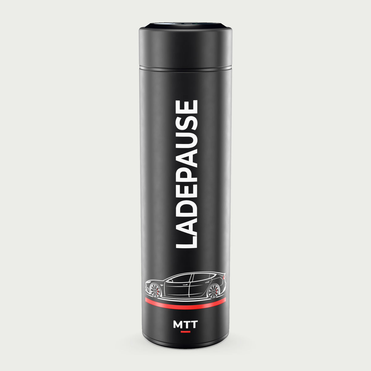 Thermosflasche schwarz mit LCD-Temperaturanzeige im Deckel, 500 ml, Motiv „Ladepause“ als UV-Druck, vor hellgrauem Hintergrund
